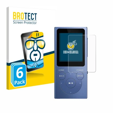 Parte frontal de un envase de producto con el logotipo de la marca BROTECT. Al lado se muestra el dispositivo Sony Walkman NW-