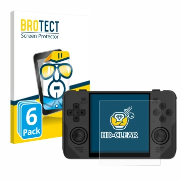 Parte frontal de un envase de producto con el logotipo de la marca BROTECT. Al lado se muestra el dispositivo Powkiddy RGB30 c