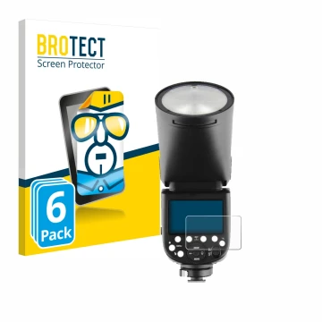 Parte frontal de un envase de producto con el logotipo de la marca BROTECT. Al lado se muestra el dispositivo Godox V1 con su 