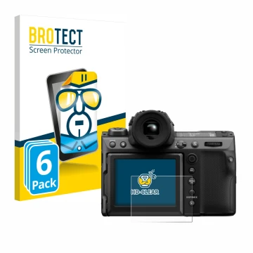 Parte frontal de un envase de producto con el logotipo de la marca BROTECT. Al lado se muestra el dispositivo Fujifilm GFX100 
