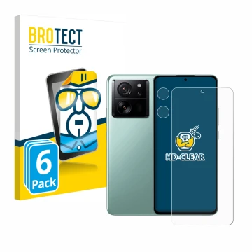 Parte frontal de un envase de producto con el logotipo de la marca BROTECT. Al lado se muestra el dispositivo Xiaomi 13T Pro (