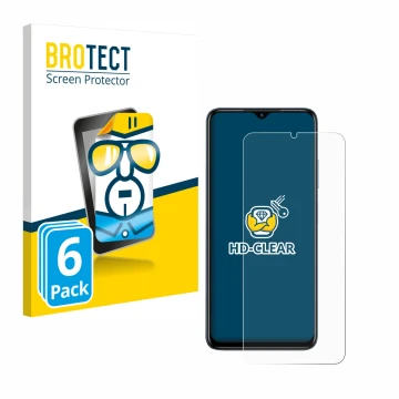Parte frontal de un envase de producto con el logotipo de la marca BROTECT. Al lado se muestra el dispositivo Infinix Hot 30i 