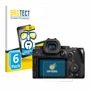 Parte frontal de un envase de producto con el logotipo de la marca BROTECT. Al lado se muestra el dispositivo Panasonic Lumix 