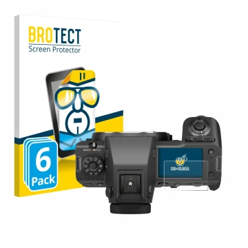 Parte frontal de un envase de producto con el logotipo de la marca BROTECT. Al lado se muestra el dispositivo Fujifilm GFX100 