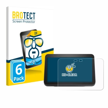 Parte frontal de un envase de producto con el logotipo de la marca BROTECT. Al lado se muestra el dispositivo Amazon Echo Show