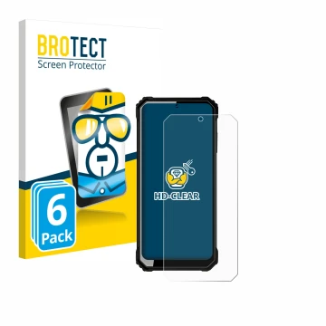 Parte frontal de un envase de producto con el logotipo de la marca BROTECT. Al lado se muestra el dispositivo Oukitel WP23 con