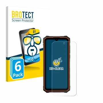 Parte frontal de un envase de producto con el logotipo de la marca BROTECT. Al lado se muestra el dispositivo Hotwav Cyber 13 
