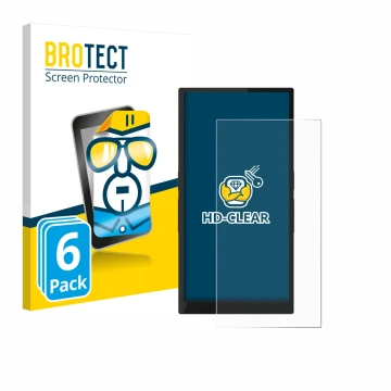 Parte frontal de un envase de producto con el logotipo de la marca BROTECT. Al lado se muestra el dispositivo Hiby R6 Pro II (