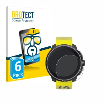 Parte frontal de un envase de producto con el logotipo de la marca BROTECT. Al lado se muestra el dispositivo Suunto Race con 