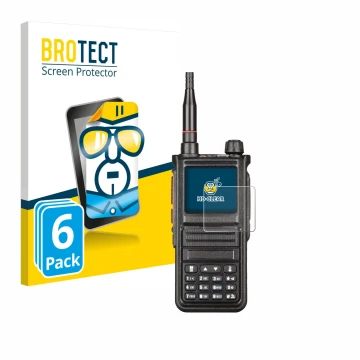 Parte frontal de un envase de producto con el logotipo de la marca BROTECT. Al lado se muestra el dispositivo Radtel RT-470X c