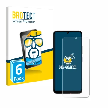 Parte frontal de un envase de producto con el logotipo de la marca BROTECT. Al lado se muestra el dispositivo Xiaomi Poco C65 