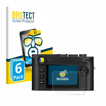 Parte frontal de un envase de producto con el logotipo de la marca BROTECT. Al lado se muestra el dispositivo Leica M11-P con 