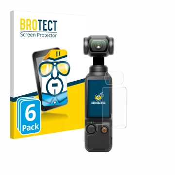 Parte frontal de un envase de producto con el logotipo de la marca BROTECT. Al lado se muestra el dispositivo DJI Osmo Pocket 