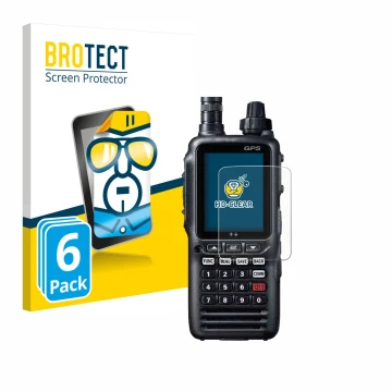 Parte frontal de un envase de producto con el logotipo de la marca BROTECT. Al lado se muestra el dispositivo Yaesu FTA-850L c