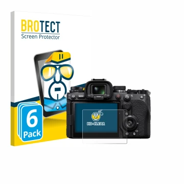 Parte frontal de un envase de producto con el logotipo de la marca BROTECT. Al lado se muestra el dispositivo Sony Alpha 9 III