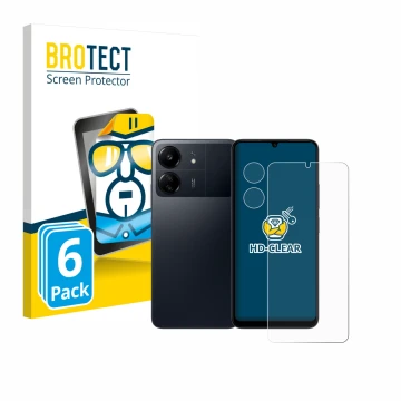 Parte frontal de un envase de producto con el logotipo de la marca BROTECT. Al lado se muestra el dispositivo Xiaomi Poco C65 