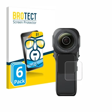 Parte frontal de un envase de producto con el logotipo de la marca BROTECT. Al lado se muestra el dispositivo Insta360 One RS 