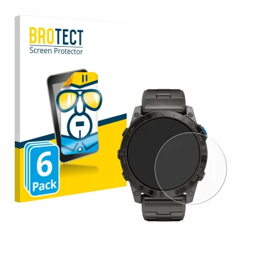 Parte frontal de un envase de producto con el logotipo de la marca BROTECT. Al lado se muestra el dispositivo Garmin D2 Mach1 