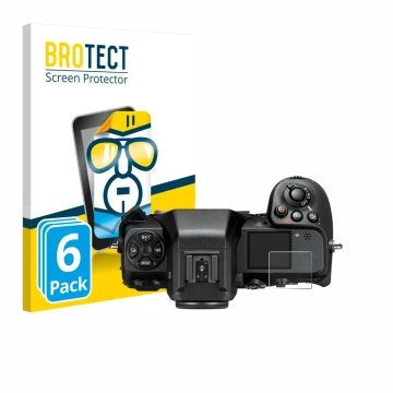 Parte frontal de un envase de producto con el logotipo de la marca BROTECT. Al lado se muestra el dispositivo Nikon Z 8 (panta