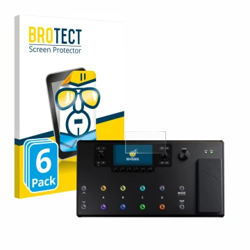 Parte frontal de un envase de producto con el logotipo de la marca BROTECT. Al lado se muestra el dispositivo Line 6 Helix LT 