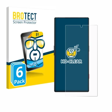 Parte frontal de un envase de producto con el logotipo de la marca BROTECT. Al lado se muestra el dispositivo ZTE Nubia Red Ma
