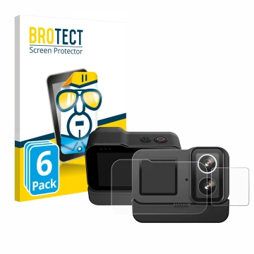 Parte frontal de un envase de producto con el logotipo de la marca BROTECT. Al lado se muestra el dispositivo SJCAM SJ20 Dual 