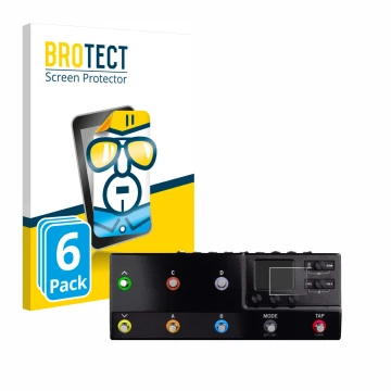 Parte frontal de un envase de producto con el logotipo de la marca BROTECT. Al lado se muestra el dispositivo Line 6 hx stomp 