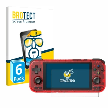 Parte frontal de un envase de producto con el logotipo de la marca BROTECT. Al lado se muestra el dispositivo Retroid Pocket 4
