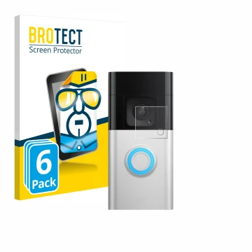 Parte frontal de un envase de producto con el logotipo de la marca BROTECT. Al lado se muestra el dispositivo Ring Video Doorb