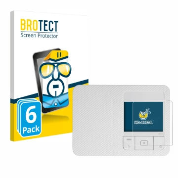 Parte frontal de un envase de producto con el logotipo de la marca BROTECT. Al lado se muestra el dispositivo Canon Selphy CP1