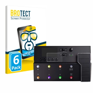 Parte frontal de un envase de producto con el logotipo de la marca BROTECT. Al lado se muestra el dispositivo Line 6 POD Go co