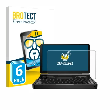 Parte frontal de un envase de producto con el logotipo de la marca BROTECT. Al lado se muestra el dispositivo GPD Win Mini (20