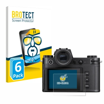 Parte frontal de un envase de producto con el logotipo de la marca BROTECT. Al lado se muestra el dispositivo Leica SL3 con su