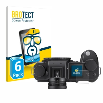 Parte frontal de un envase de producto con el logotipo de la marca BROTECT. Al lado se muestra el dispositivo Leica SL3 (panta