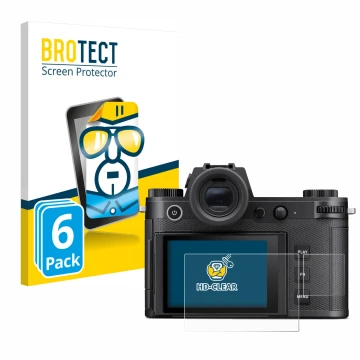 Parte frontal de un envase de producto con el logotipo de la marca BROTECT. Al lado se muestra el dispositivo Leica SL3 (Panta