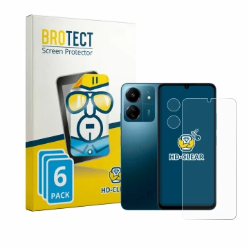 Parte frontal de un envase de producto con el logotipo de la marca BROTECT. Al lado se muestra el dispositivo Xiaomi Redmi 13C