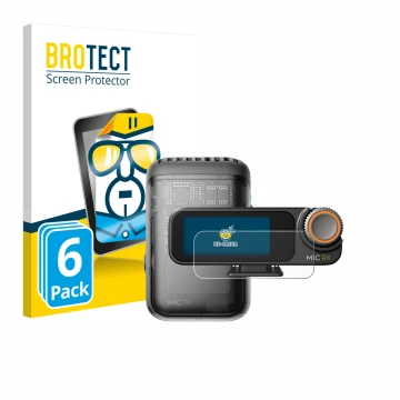 Parte frontal de un envase de producto con el logotipo de la marca BROTECT. Al lado se muestra el dispositivo DJI Mic 2 (Recei