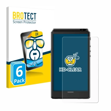Parte frontal de un envase de producto con el logotipo de la marca BROTECT. Al lado se muestra el dispositivo Hiby R6 III con 