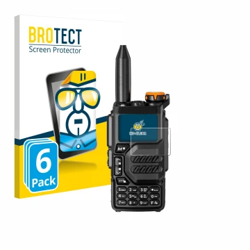 Parte frontal de un envase de producto con el logotipo de la marca BROTECT. Al lado se muestra el dispositivo Quansheng UV-K5 