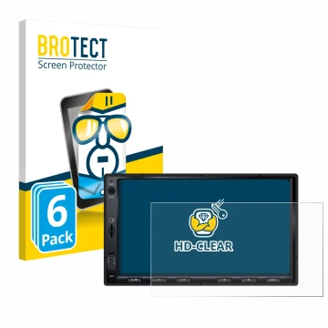 Parte frontal de un envase de producto con el logotipo de la marca BROTECT. Al lado se muestra el dispositivo Atoto F7 WE con 