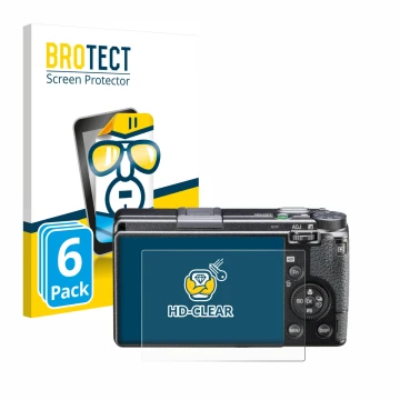 Parte frontal de un envase de producto con el logotipo de la marca BROTECT. Al lado se muestra el dispositivo Ricoh GR IIIx HD