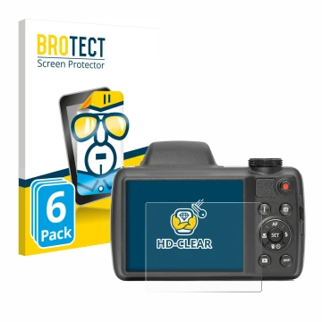Parte frontal de un envase de producto con el logotipo de la marca BROTECT. Al lado se muestra el dispositivo Kodak Pixpro AZ5