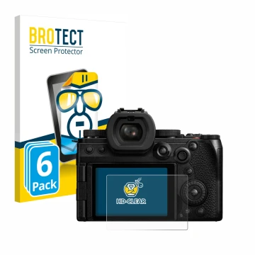 Parte frontal de un envase de producto con el logotipo de la marca BROTECT. Al lado se muestra el dispositivo Panasonic Lumix 