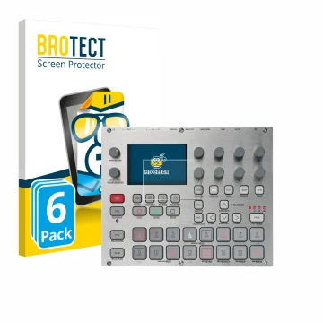Parte frontal de un envase de producto con el logotipo de la marca BROTECT. Al lado se muestra el dispositivo Elektron Syntakt