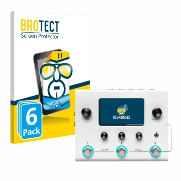 Parte frontal de un envase de producto con el logotipo de la marca BROTECT. Al lado se muestra el dispositivo Hotone Ampero II
