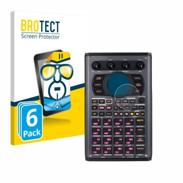 Parte frontal de un envase de producto con el logotipo de la marca BROTECT. Al lado se muestra el dispositivo Roland SP-404MKI