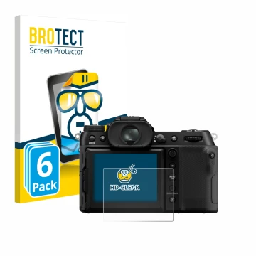 Parte frontal de un envase de producto con el logotipo de la marca BROTECT. Al lado se muestra el dispositivo Fujifilm GFX100S