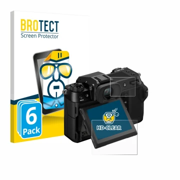 Parte frontal de un envase de producto con el logotipo de la marca BROTECT. Al lado se muestra el dispositivo Fujifilm GFX100S
