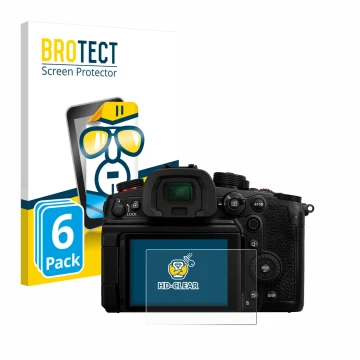 Parte frontal de un envase de producto con el logotipo de la marca BROTECT. Al lado se muestra el dispositivo Panasonic Lumix 