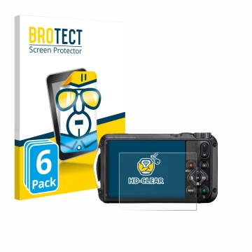 Parte frontal de un envase de producto con el logotipo de la marca BROTECT. Al lado se muestra el dispositivo Ricoh Pentax WG-